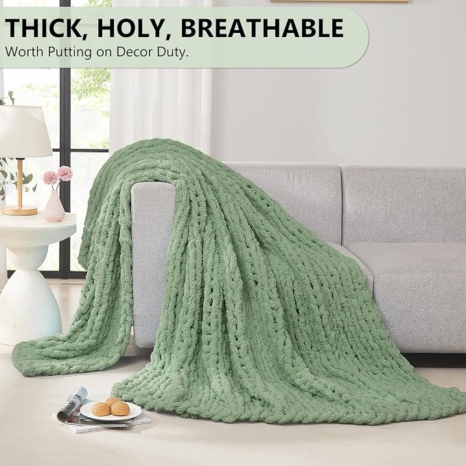 L'AGRATY Chunky Knit Blanket Throw: 72''x84'' Chenille Chunky Knitted Throw Blankets for Bed Couch - Handmade Thick Big Cable Knit Blanket - Large Crochet Blankets for Home Decor(Sage Green)