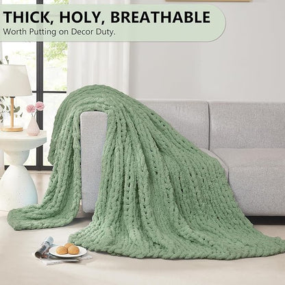 L'AGRATY Chunky Knit Blanket Throw: 72''x84'' Chenille Chunky Knitted Throw Blankets for Bed Couch - Handmade Thick Big Cable Knit Blanket - Large Crochet Blankets for Home Decor(Sage Green)