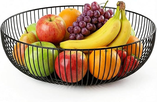 DecruKaltiz Metal Fruit Basket for Kitchen Countertop – Wire Fruit Bowl & Bread Basket for Fruits and Bread – Ventilated Vegetable Storage Rack, Modern Black Countertop Organizer