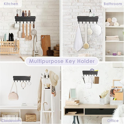 VIS'V Key Holder Wall Mount, Compact Adhesive Key Rack with Tray, 6 Hooks, 2 Mount Options, Black