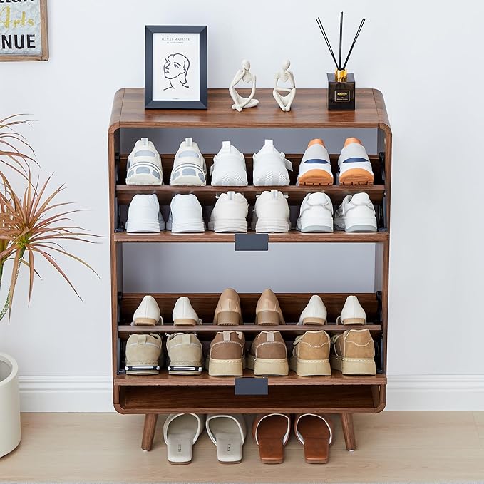 Fluted Shoe Cabinet Storage for Entryway,Slim Shoe Cabinet with 2 Flip Drawers, Narrow Shoes Rack Organizer (All Walnut, 2 Drawers)