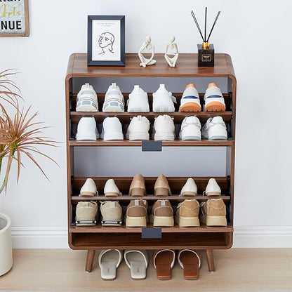 Fluted Shoe Cabinet Storage for Entryway,Slim Shoe Cabinet with 2 Flip Drawers, Narrow Shoes Rack Organizer (All Walnut, 2 Drawers)