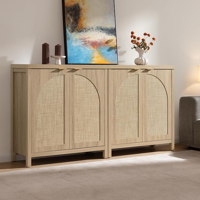 SICOTAS Rattan Sideboard Buffet Cabinet with Storage, Mid Century Modern Credenza Storage Cabinet with Arch Doors & Shelves Boho Coffee Bar Media Console Cabinets for Kitchen, Living Room, Entryway