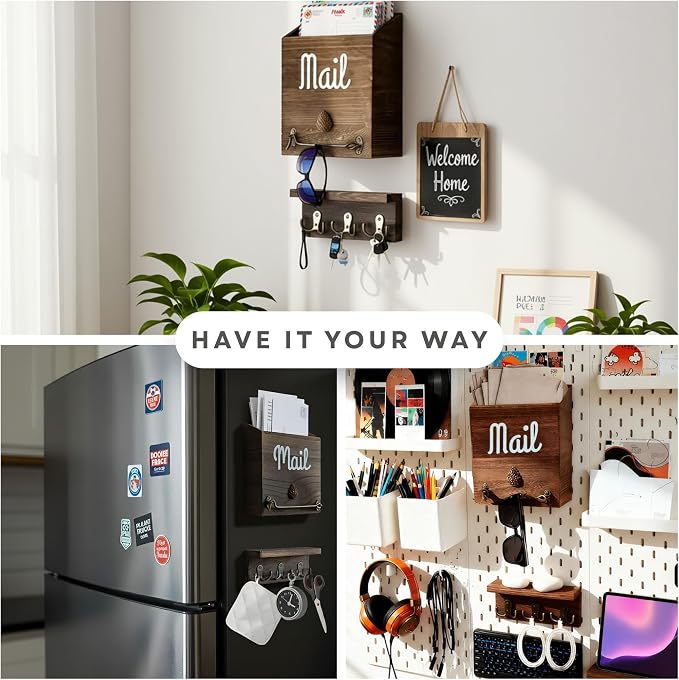eBun Narrow Wood Mail Holder with 6 Key Hooks | Wall Mount, No-Drill Magnetic, Vertical Mail Slot, Entryway Decor