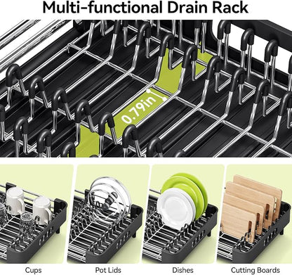 Urackify Stainless Steel Dish Drying Rack - Dish Drainer for Kitchen Counter, Extendable Drainboard with Foldable, Space-Saving Cup & Bowl Organizer, Includes Knife and Utensil Holder, Black