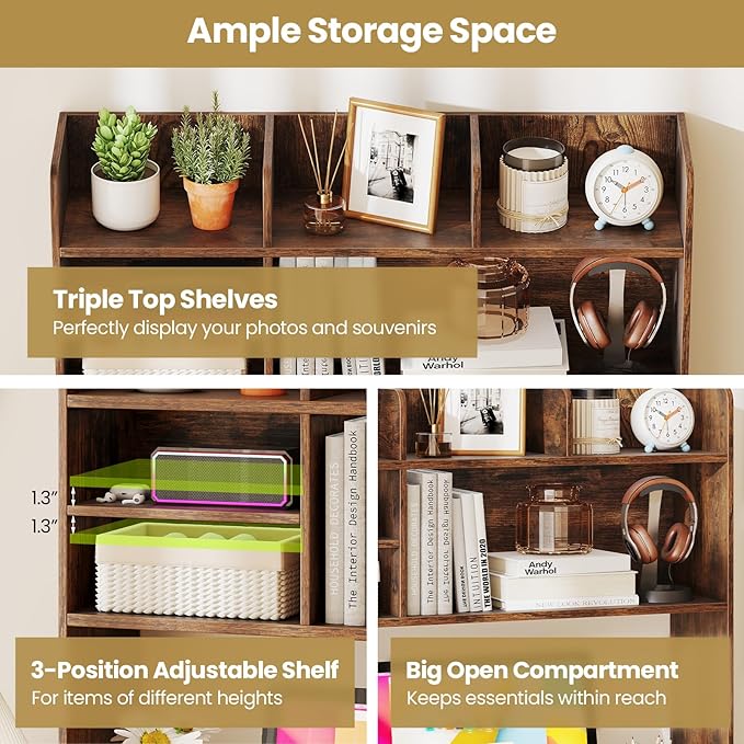 Desk Hutch, Desktop Shelf with 6 Shelves, Desk Bookshelf w/Anti-Toppling Devices, Wood Table Top Bookshelf Organizer, Small Desk Shelf for Study, Office, Dorm (Rustic Brown, 6 Shelves)