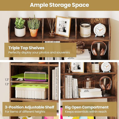 Desk Hutch, Desktop Shelf with 6 Shelves, Desk Bookshelf w/Anti-Toppling Devices, Wood Table Top Bookshelf Organizer, Small Desk Shelf for Study, Office, Dorm (Rustic Brown, 6 Shelves)