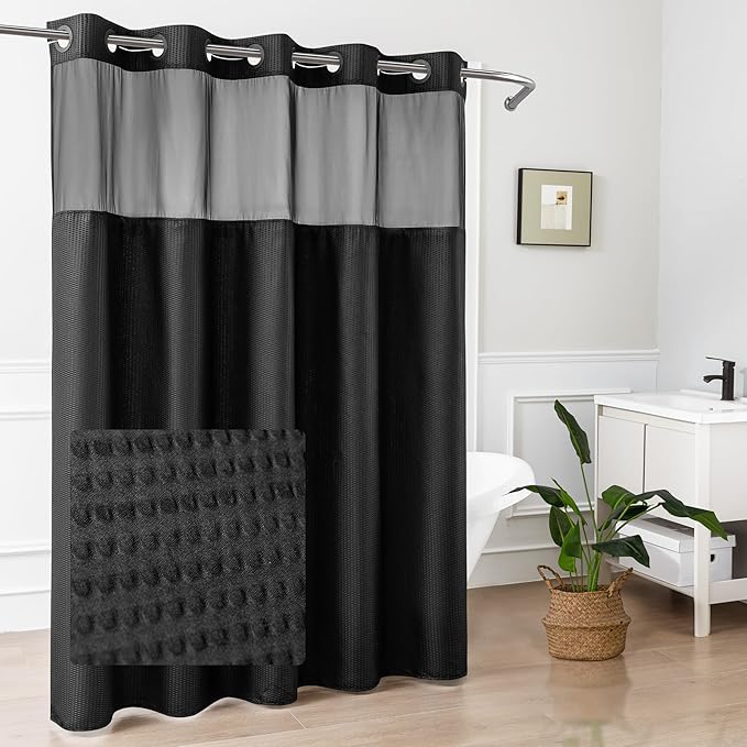 Mrs Awesome No Hook Shower Curtain with Snap-in Liner Less Time On/Off, Embossed Waffle-Look Textured Fabric Shower Curtain for Bathroom, Soft & Lightweight, 71x74, Black