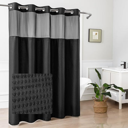 Mrs Awesome No Hook Shower Curtain with Snap-in Liner Less Time On/Off, Embossed Waffle-Look Textured Fabric Shower Curtain for Bathroom, Soft & Lightweight, 71x74, Black