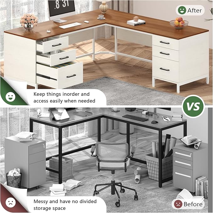 TVU 59’‘ L Shaped Desk with 6 Wood Drawers, Large Home Office Corner Computer Desk with Storage File Cabinet, Modern Metal Wood Desk for Executive Writing Study Workstation