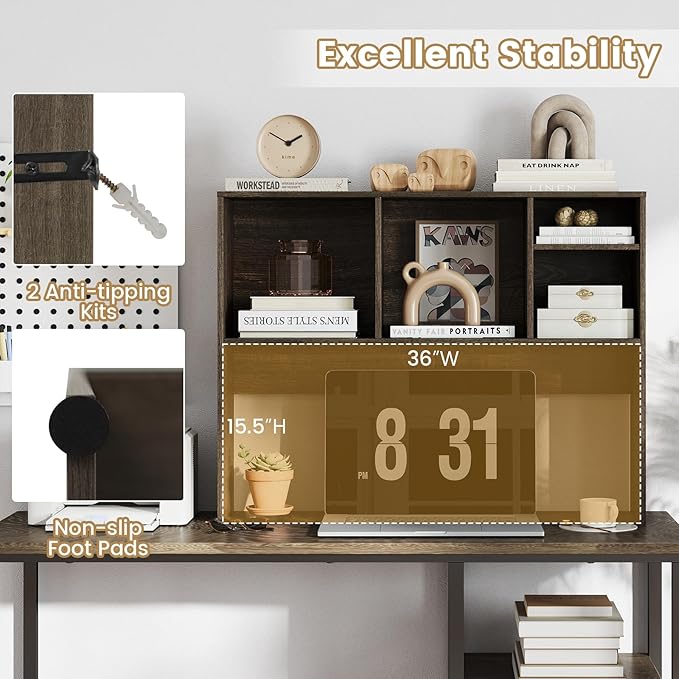 LDAILY Desktop Bookshelf, 2-Tier Office Desk Shelf Organizer with 4 Shelves, 37’’L Wood Storage Rack Display Shelf for Computer Desk, Office, Dorm, Bedroom (Grey)