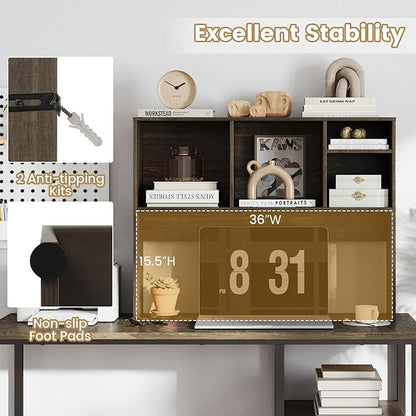 LDAILY Desktop Bookshelf, 2-Tier Office Desk Shelf Organizer with 4 Shelves, 37’’L Wood Storage Rack Display Shelf for Computer Desk, Office, Dorm, Bedroom (Grey)