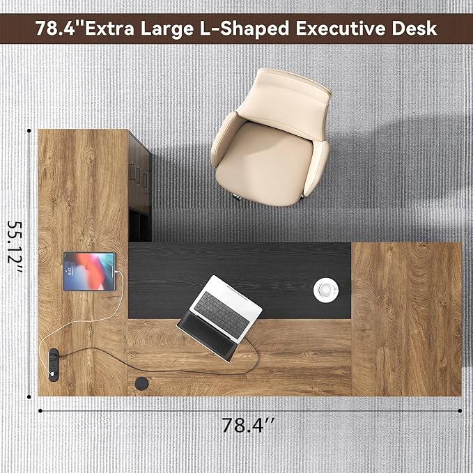 L-Shaped Executive Desk with Drawer, Large Modern Home Office Desk with Cord Hold and Power Outlet, Big Wooden Business Furniture with Lateral File Cabinet for CEO Boss, Oak Black