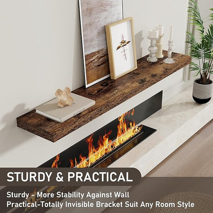 Fun Memories 48 Inch Floating Shelves for Wall 8 Inch Deep Rustic Brown Shelves Set of 2, Wall Mounted Rustic Wood Long Floating Shelf, Large Display & Storage Shelf with Invisible Brackets
