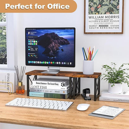 Desk Shelf, 2 Tier Wood Desktop Bookshelf, Adjustable Freestanding Stackable Desk Organizer, Desktop Shelf Organizer Storage Rack, Desk Display Rack for Office, Home, Rustic