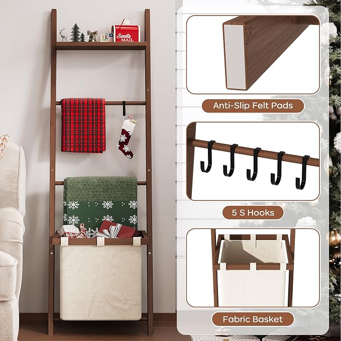 63" Bamboo Blanket Ladder with Shelf, Fabric Storage Basket and 5 Hooks, 4 Tier Leaning Blanket Rack, Farmhouse Towel Ladder Rack, Decorative Quilt Rack Holder for Living Room Bedroom Bathroom, Walnut