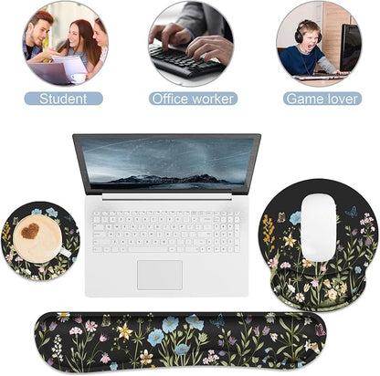 Ergonomic Mouse Pad with Wrist Rest and Keyboard Wrist Rest, Memory Foam Wrist Rest for Computer Keyboard, Easy Typing, Pain Relief, Black Mouse Pad Wrist Support for Gaming,Office, Laptop, Floral