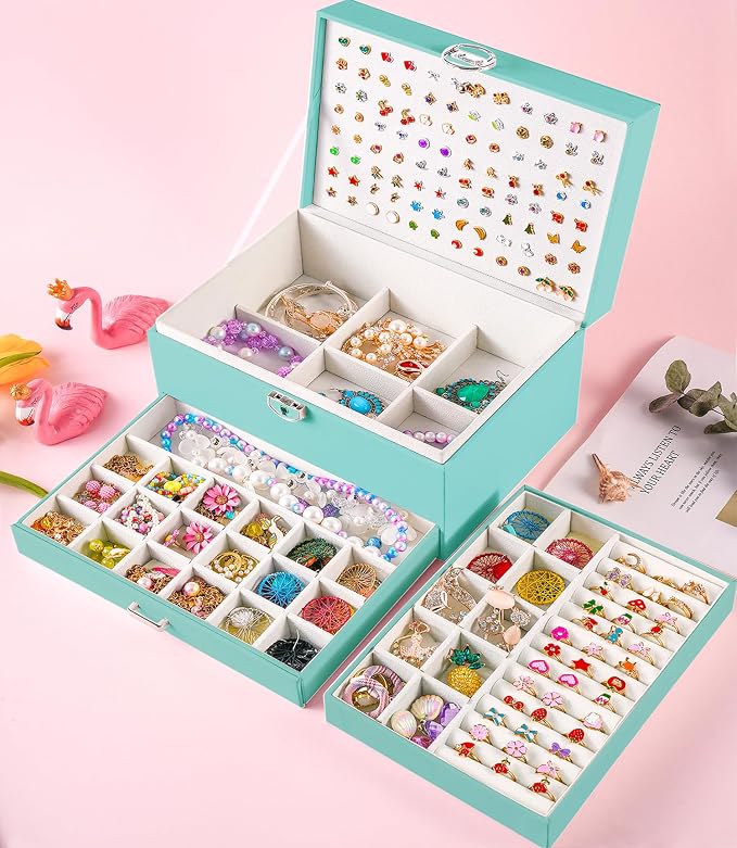 QBestry Earrings Jewelry Box for Girls, 5 Layers Jewelry Organizer with Earring Holder Organizer for Girls Earring Organizer Jewelry Boxes for Women Earrings and Necklaces Jewelry Box Organizer Teal