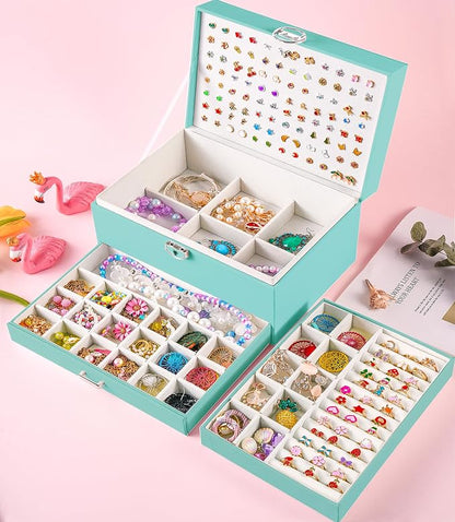QBestry Earrings Jewelry Box for Girls, 5 Layers Jewelry Organizer with Earring Holder Organizer for Girls Earring Organizer Jewelry Boxes for Women Earrings and Necklaces Jewelry Box Organizer Teal
