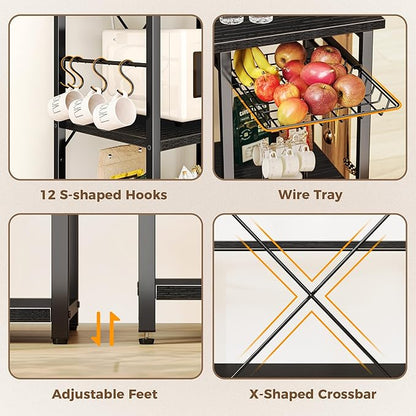 SUPERJARE Larger Bakers Rack with Power Outlets, 6-Tier Microwave Stand, Coffee Bar with 12 S-Shaped Hooks, Kitchen Shelf with Wire Basket, 47.2 x 15.5X 66.9 Inches, Black