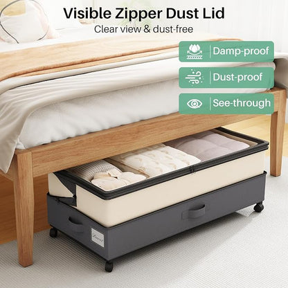 Kitstorack 4 Pack Height-adjustable Under Bed Storage with Wheels, Under Bed Storage Containers,Under Bed Shoe Storage Organizer with Clear Window&Label, Suitable for Clothes Storage, Beige & Gray