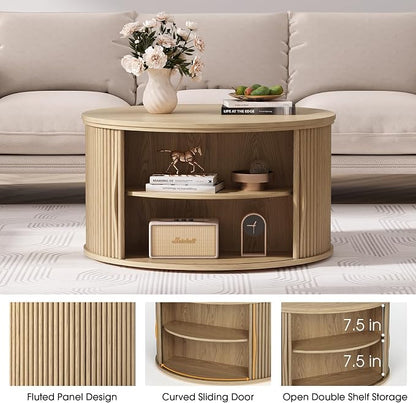 JOINICE 31.5" Round Lift Top Coffee Table,Natural Oak Modern Fluted Drum Center Table with Hidden Storage, Japandi Scandi Wood Circle Desk for Boho Living Room & Apartment