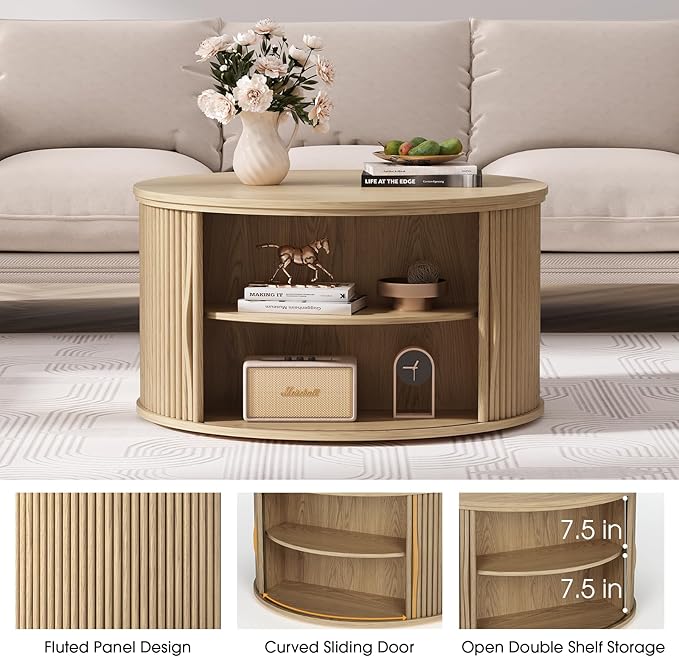 SULIVES Round Coffee Table with Lifting Top, Multifunctional Drum Coffee Table with Sliding Door, Small Fluted Center Table for Living Room, Oak