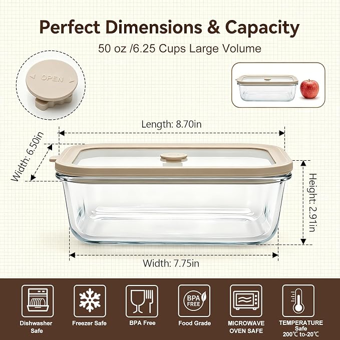2 Pack 50 oz Large Glass Food Storage Containers with Lids,6.2 Cups Airtight Meal Prep Containers, Non-Toxic Glass Containers for Vegetables, Fruits, Microwave, Dishwasher