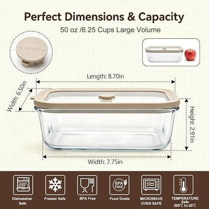 2 Pack 50 oz Large Glass Food Storage Containers with Lids,6.2 Cups Airtight Meal Prep Containers, Non-Toxic Glass Containers for Vegetables, Fruits, Microwave, Dishwasher