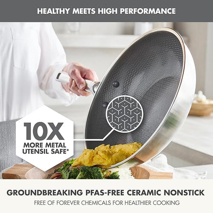 GreenPan Hybrid 11” Nonstick Stainless Steel Wok Pan, APEX Tri-Ply Thermobond PFAS-Free Ceramic Skillet, Induction & All Cooktop Compatible, Oven Temp to 850°F, Dishwasher Safe, Silver