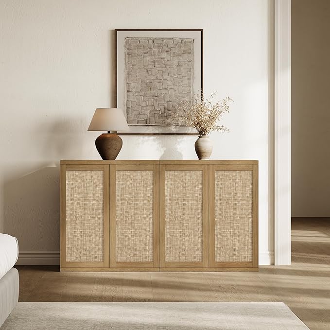SICOTAS Rattan Sideboard Storage Cabinet - Boho Credenza Coffee Bar Cabinet with Doors & Adjustable Shelves, Large Farmhouse Buffet Console Table for Living Room, Kitchen, Entryway, Amber Oak