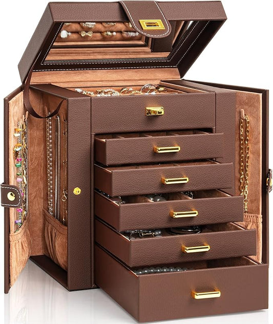 AKOZLIN 6-Tier Jewelry Box Organizer Functional 5 Drawers Leather Jewelry Storage Case for Women Girls Ring Necklace Earring Bracelet Holder Organizer with Mirror Brown Regular