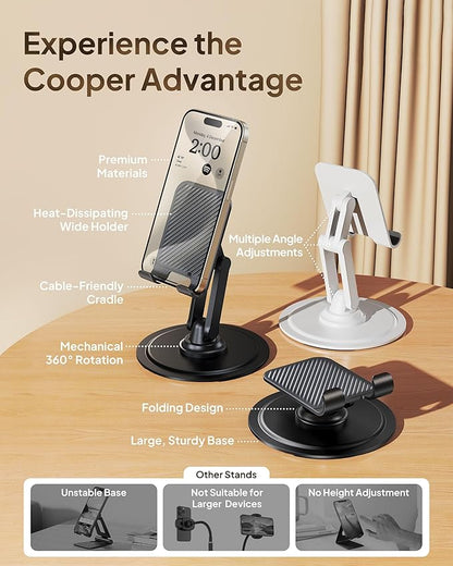 COOPER 360° Stand, Rotating Cell Phone Stand for Desk | Sturdy Metal Base, Foldable, Portable | Cell Phone Holder for Desk (Piano Black)
