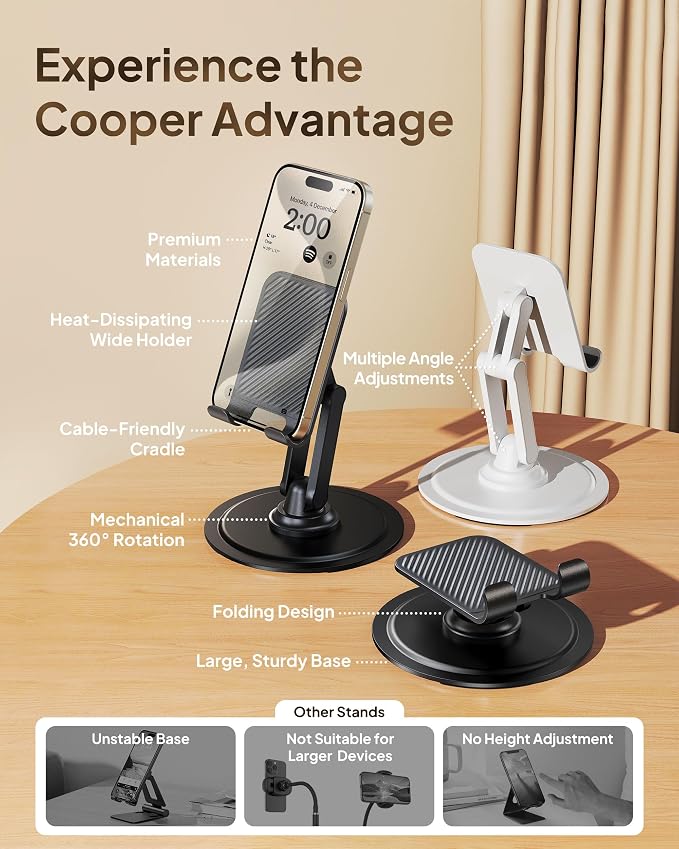 COOPER 360° Stand, Rotating Cell Phone Stand for Desk | Sturdy Metal Base, Foldable, Portable | Cell Phone Holder for Desk (Cream White)