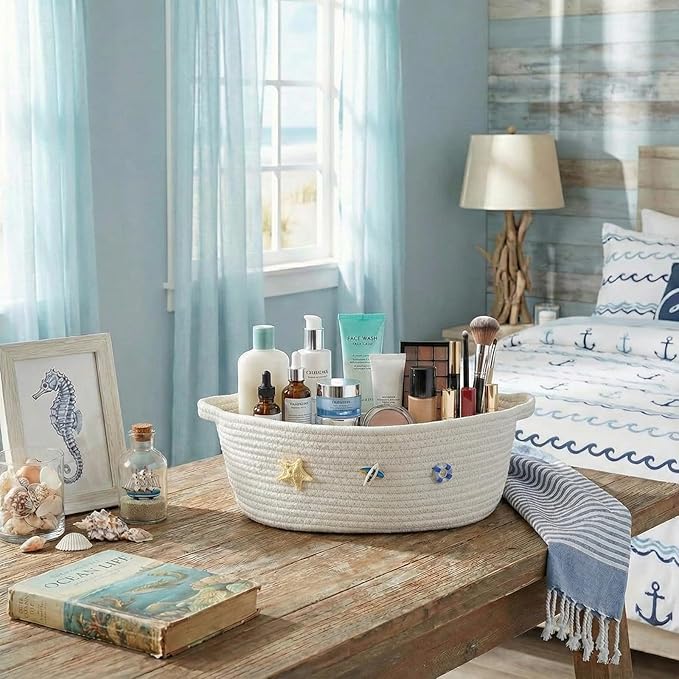 Remerry Boho Coastal Toilet Paper Storage Basket Beach Ocean Bathroom Accessories White Cotton Rope Bin with Starfish Organizer Decor for Toilet Closet Nursery Organizing 12 x 8 x 5 Inch
