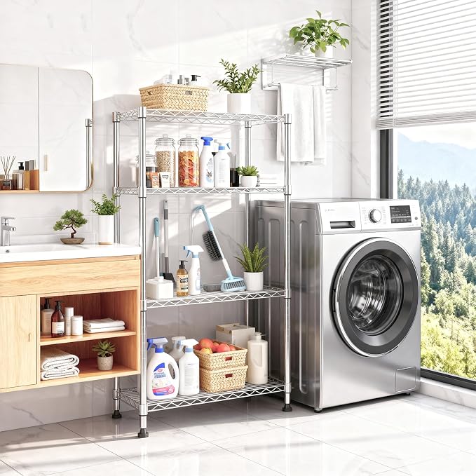 M MZG 5-Shelf Storage Shelves,Wire Shelving Heavy Duty Metal Storage Shelving Unit Adjustable Garage Shelving Rack Pantry Kitchen (Chrome, 4 Tier,15.8" D x 45.3" W x 59.4" H)