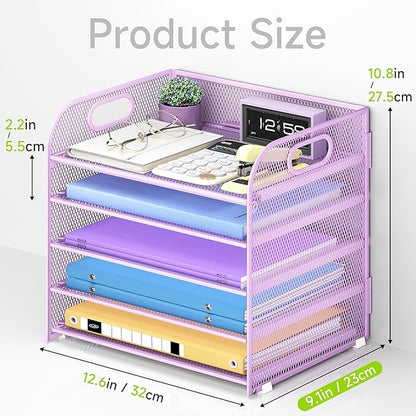 5 Tier Paper Organizer with Handle, Metal Mesh Desk Organizer File Folder Paper Letter Tray Desktop Document Sorter for Classroom, School, Office Accessories Organization and Storage - Purple