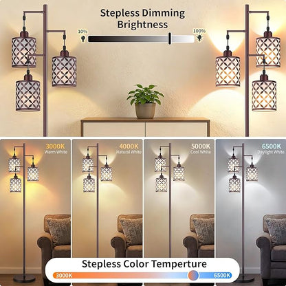 New Upgraded 72" Tall Dimmable Floor Lamp with 3 x 1100LM 12W Bright LED Bulbs, Farmhouse Standing Lamp with Remote Control, Industrial Tree Pole Floor Lamps for Living Room, Bedroom, Office - Brown