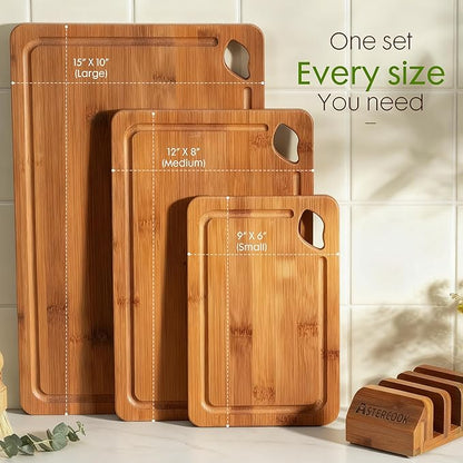 Astercook Deep-Carbonized Bamboo Cutting Boards for Kitchen with Wood Storage Stand, Reversible Charcuterie & Chopping Boards with Juice Grooves and Easy-Grip Handles, Mothers Day Gifts