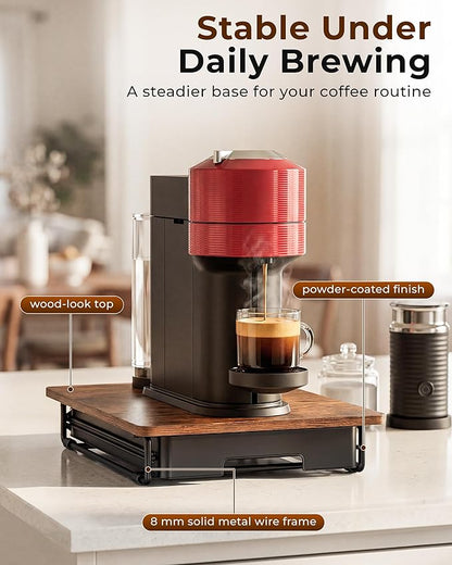 EVERIE Coffee Pod Drawer Compatible with Nespresso Vertuo Capsules, Low Profile Wooden Pod Holder, 24-Slot Rustic Brown Organizer with Metal Frame, 15.9 x 12 x 3 In