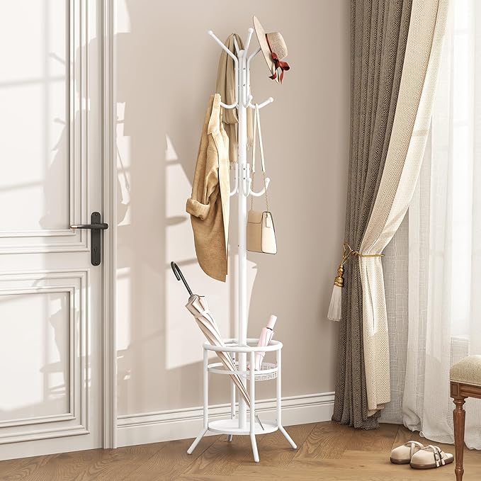 ELYKEN Coat Rack Freestanding, Metal Coat Rack Stand with Umbrella Holder, Modern Coat Tree with 12 Hooks, Floor Standing Corner Hall Tree for Entryway Living Room Bedroom Office, White
