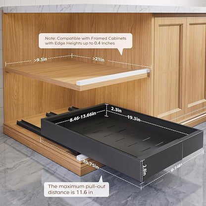 Seinloes 4 Pack Pull Out Cabinet Organizers 21" Deep With Raising Pad for Framed Cabinets, Expandable Width (9"-14") Slide Out Drawers Upgrade 3 Slide Rails, Roll Out Shelves Adhesive, Black