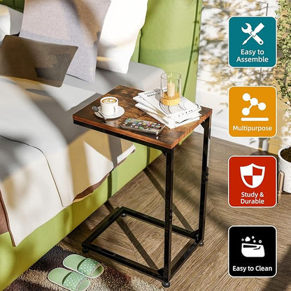 Simple Trending C Shaped End Table for Couch, Small Side Table TV Tray Table with Metal Frame for Living Room, Bedroom, Rustic Brown