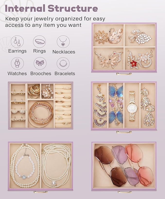 Jewelry Box with 4 Drawers: Display Organizer for Earrings Necklaces - Gifts for Girls Women (Grey Purple)