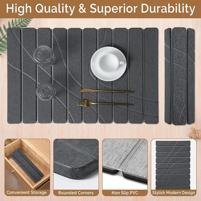 Large Stone Dish Drying Mat for Kitchen Counter,2 PCS Quick Dry Stone Mats,Foldable Water Absorbing Diatomaceous Drying Pad for Countertop Bottles Utensils Cups (Flow Line Dark Gray 24"x16" & 8"x4")