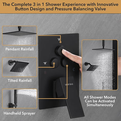 VANFOXLE Shower Faucet Set Matte Black Shower System, Push Button Diverter Shower Faucet with Trim Kit, Ceiling Mount 10 Inch Shower Head Increased Thick, 6 Inch Side Shower Head, 2-in-1 Handheld