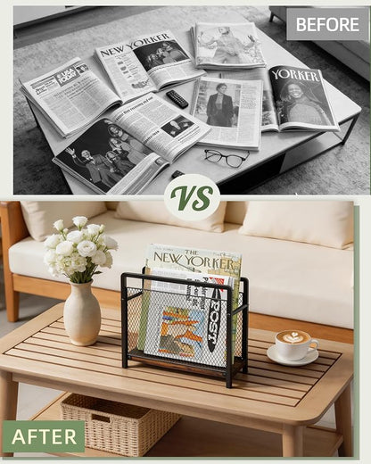 Magazine Holder, Magazine Rack Floor, Metal Mesh with Wood Base Magazine Storage Basket, Folder Organizer Bin for Books, Newspapers, Mails, Files, Dark Brown