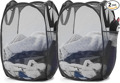 TECHMILLY Upgraded 105L Collapsible Mesh Pop Up Laundry Hamper with Sturdy Handles and Side Pocket - Portable Foldable Clothes Baskets for Dorm, Bathroom & Travel Storage (Black Plus，2 Packs)