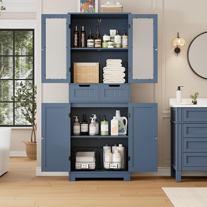 HORSTORS 67" Tall Bathroom Storage Cabinet, Freestanding Storage Cabinet with Glass Door and Shelves, Kitchen Pantry with 2 Drawers for Bathroom, Living Room, Dining Room, Blue