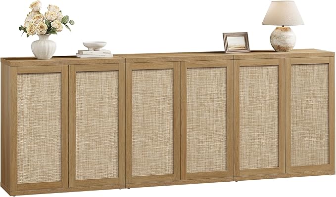 SICOTAS Rattan Sideboard Buffet Storage Cabinet - Farmhouse Boho Coffee Bar Cabinet with Adjustable Shelves, Large Console Table Credenza Stand for Living Room, Dining Room, Entryway, Oak (3 PCS)